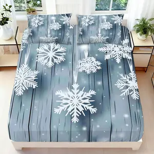 2/3 Pcs 2D Flat Winter Snowflake Fitted Sheet Set Snowflake Bedding Set Quilt Cover 1 Fitted Sheet + 1/2 Pillowcases Snowflake Top Sheet Decorative Bedding Bedroom Decor