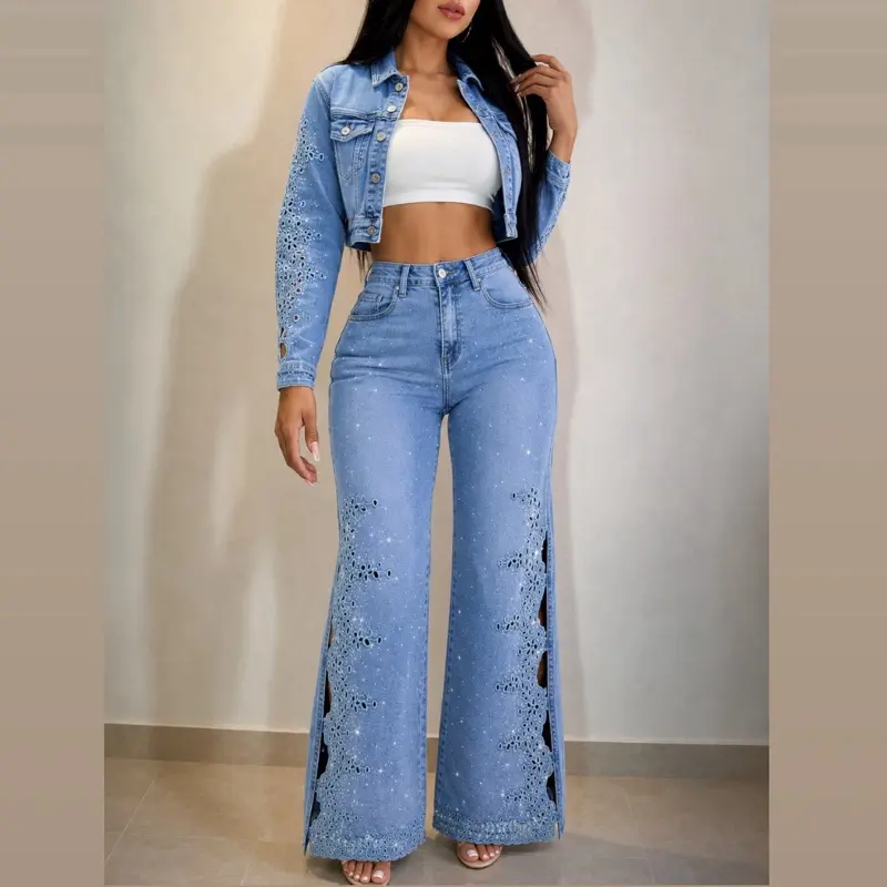 Women's Luxury Embroidered Rhinestone 2-Piece Denim Set - Stretch Straight Palazzo Jeans, Elegant Style Cropped Jacket with Premium Fabric