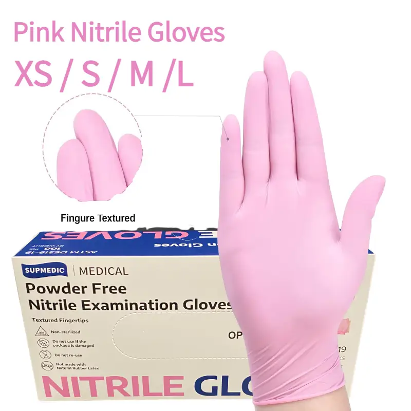 Pink Nitrile 100PCS Powder-Free Latex-Free Disposable Gloves for Home Kitchen Cleaning, Food Handling & General Use - Rubber Smooth Pink Design