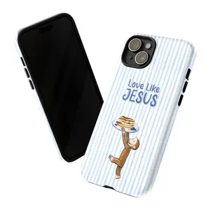 Curious George IPhone Case, Cartoon Monkey Phone Cover with Love Like Jesus Bible Verse and Pancake Design Phone Case Suitable for iPhone 17, 16, 15, 14, 13, 12, 11, X, Samsung and other series models. Can be given as a holiday gift to friends or family.