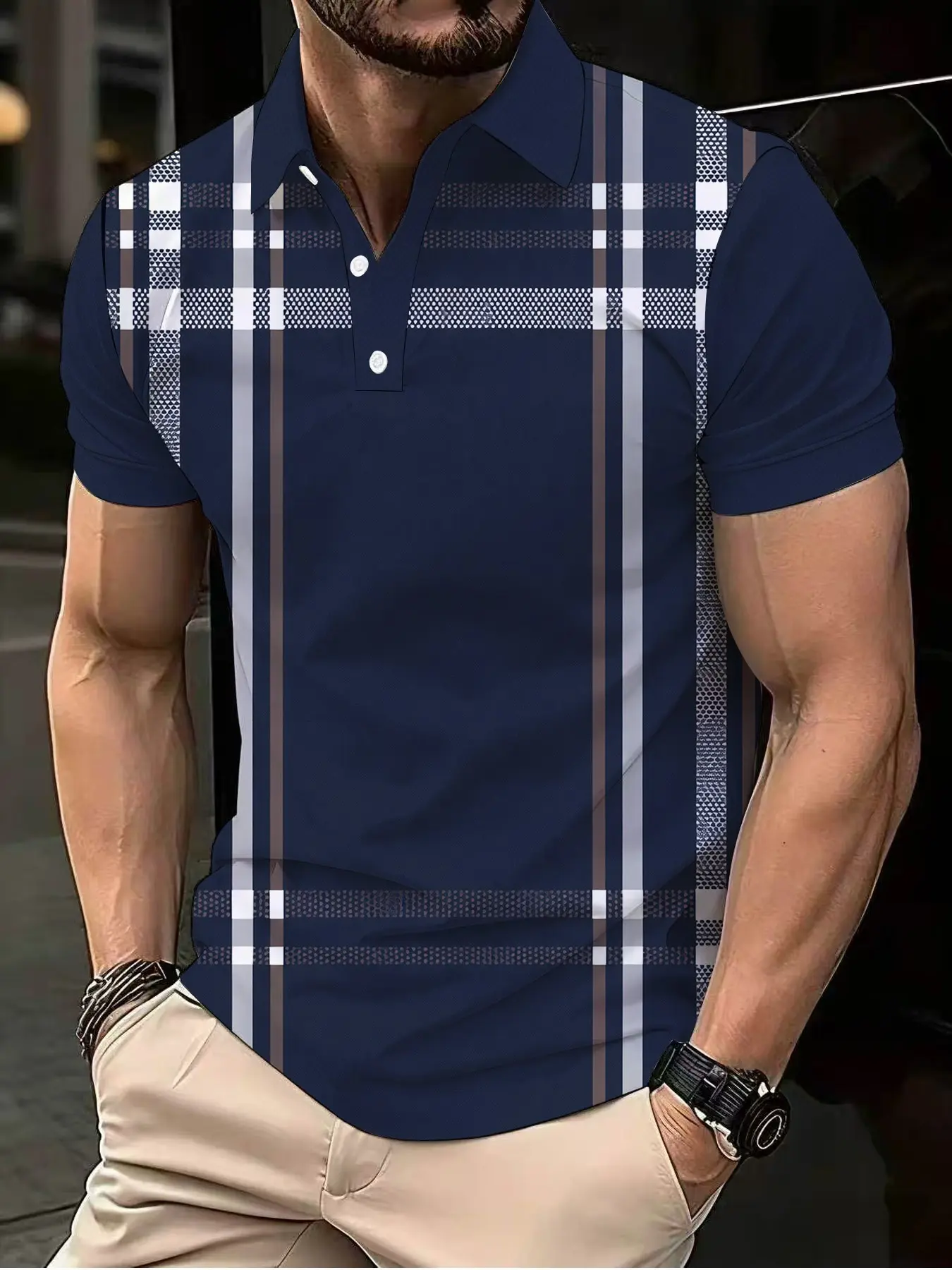 Navy Checkered Plaid Spliced Men's Polo Shirt, a Versatile Business and Casual Style
