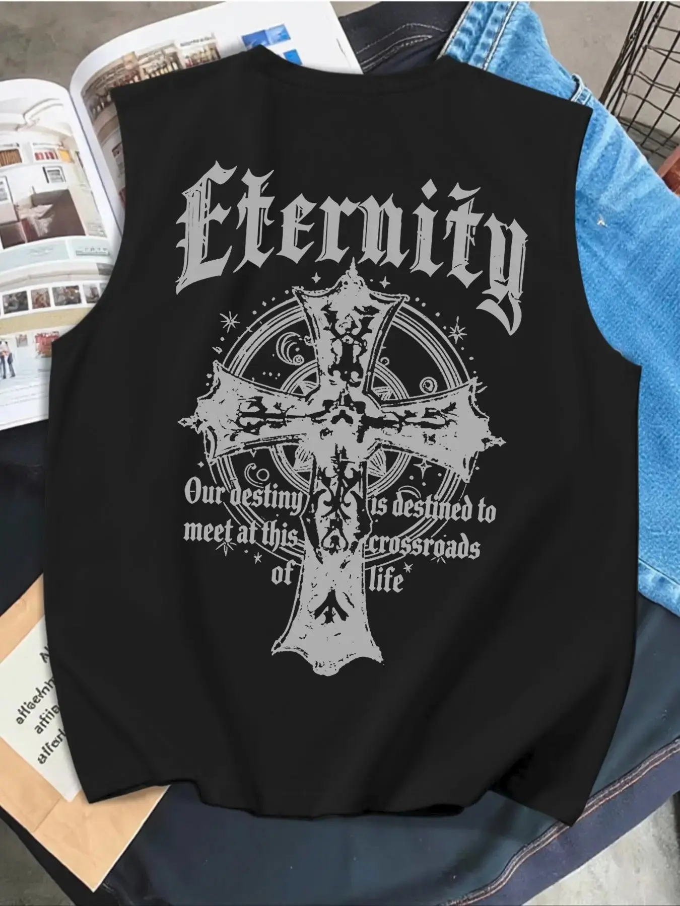 Men's printed graphic tank top vest tee featuring a cross and monogram design. Made from medium-weight knitted fabric, suitable for everyday casual wear, Menswear