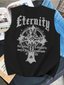 Men's printed graphic tank top vest tee featuring a cross and monogram design. Made from medium-weight knitted fabric, suitable for everyday casual wear, Menswear