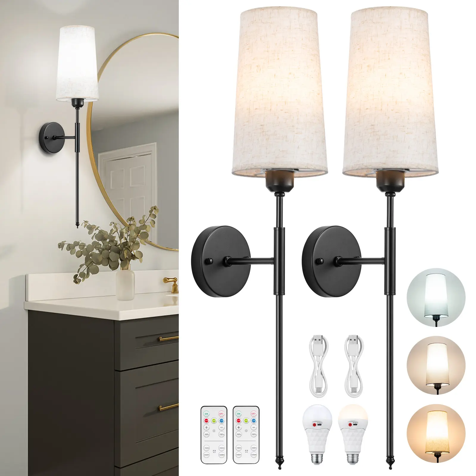【Holiday Special】NookNova Wrought Iron Black Round Base Long Linen Shade Black Long Rod Wall Lamp Creates warm layered lighting ideal for reading corners bedrooms and entryway accent walls