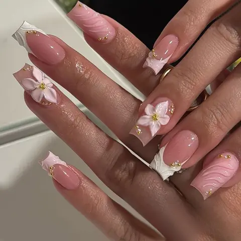 24pcs Medium Square Nail Shape French Nails, 3D Gel Petal Decor, Floral Embellishment, Flower Nails, Decorative Nails, Acrylic False Nails Set, Glossy Finish, Easy Wear, Sweet Style, Suitable for Women & Girls