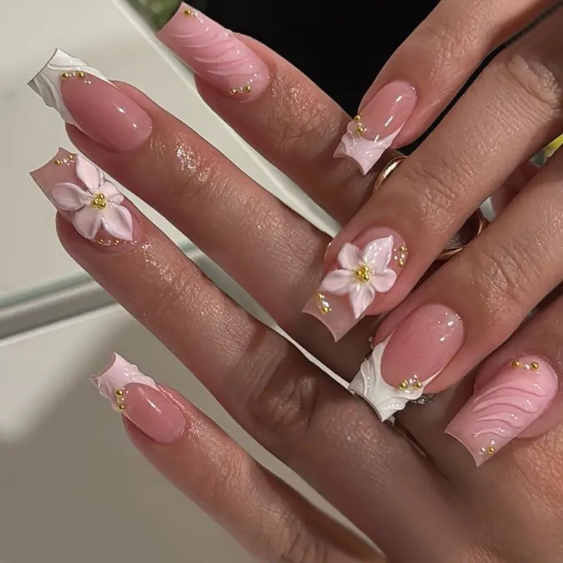 24pcs Medium Square Nail Shape French Nails, 3D Gel Petal Decor, Floral Embellishment, Flower Nails, Decorative Nails, Acrylic False Nails Set, Glossy Finish, Easy Wear, Sweet Style, Suitable for Women & Girls