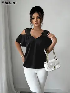 Women's French Luxurious Lace Shoulderless Top, Satin V-Neck Pleated Chiffon Blouse, Casual Fitted Shirt, Plain Pattern, Womenswear