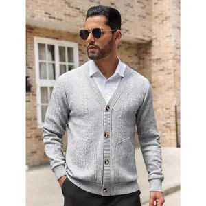 Men's Textured Knit Cardigan | Lightweight V-Neck Button Up Sweater | Windproof Warm Thick Knit with Pockets | Casual Long Sleeve Fall Outwear | Relaxed Fit Boho Style