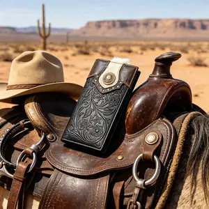 Genuine Leather Long Bifold Wallets Western Cowboy Floral Embossed Full Grain Cowhide Leather Checkbook Card Holder, Gift For Boyfriend Husband Father's Day