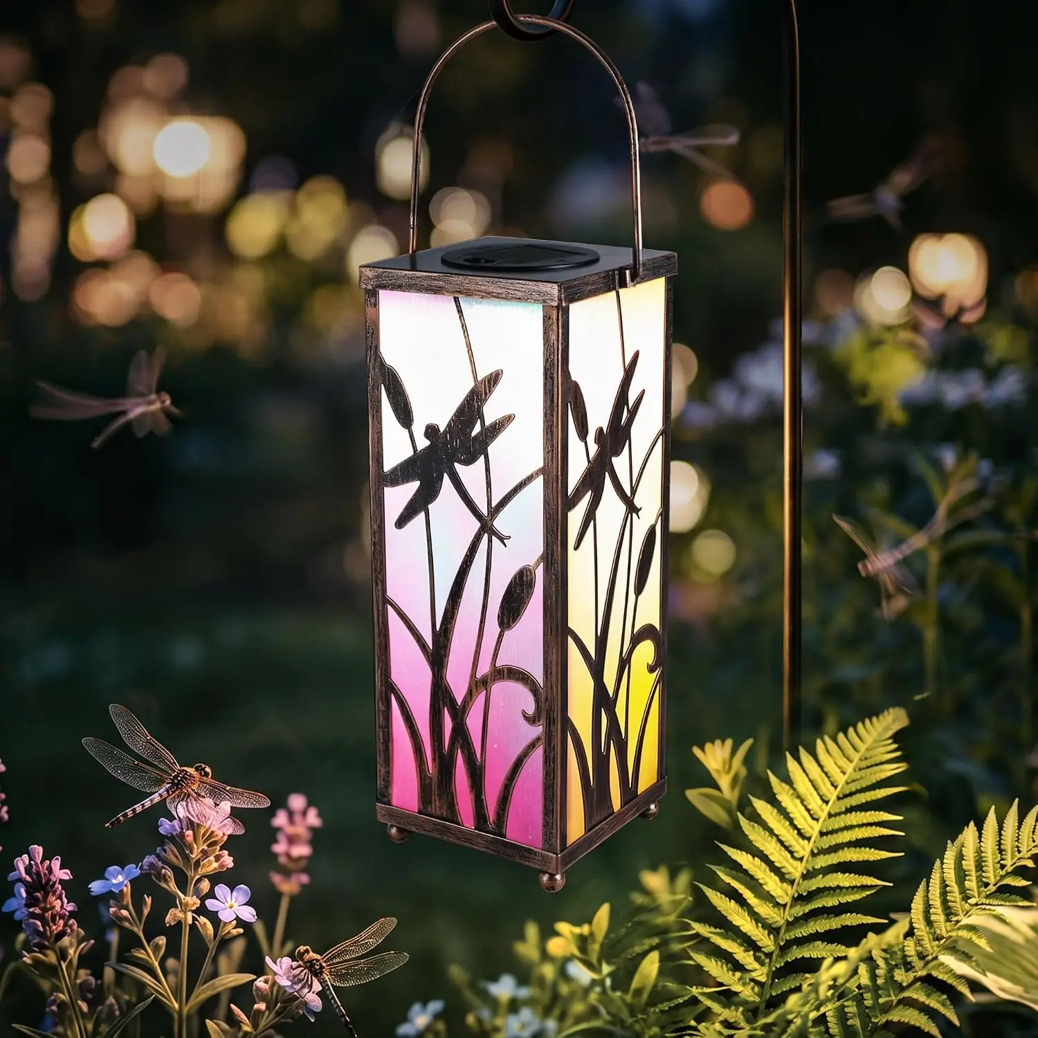 Brizlabs Solar Powered Dragonfly Lantern - 14.6"h x 4.0"w x 4.0"l Hanging Metal Light with Colorful Film Shade, Waterproof Warm White LED, Party Lights for Patio/Tabletop Decor, Home Improvement Outdoor Lighting, Lanterns, 1 Pack