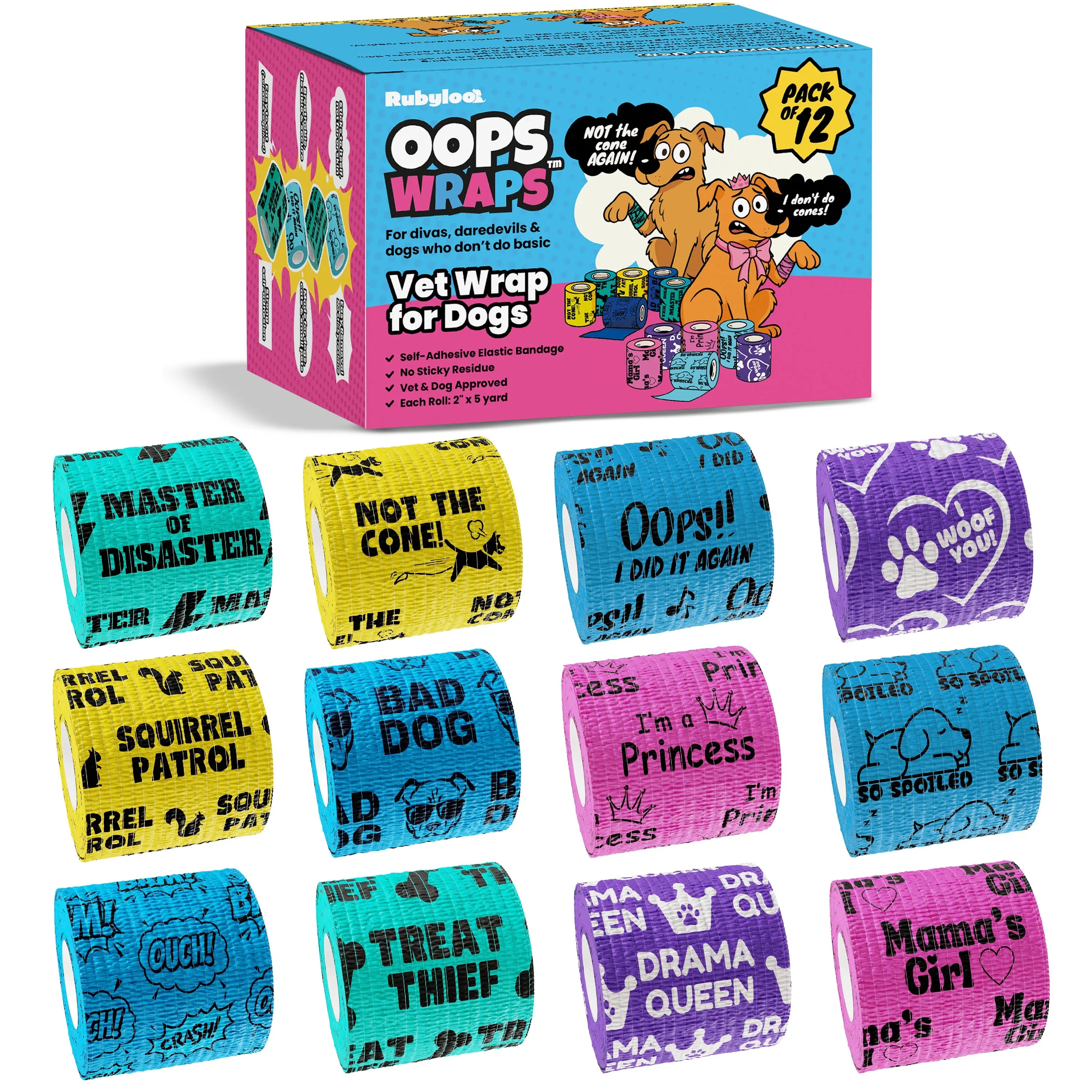 Oops Wraps™ Non-Stick Self-Adhesive Dog Bandage - Breathable, Easy-Tear, 2 in Wide × 5 yd Long, Humor Prints, Clean Removal Canine Wound Cover for Recovery Support