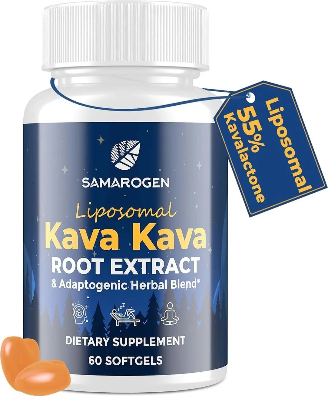 Kava Kava Capsules Root Extract Supplement Liposomal 55% Kavalactones with Ashwagandha Chamomile Lemon Balm Passionflower for Relax & Good Sleep (60 Softgels)
