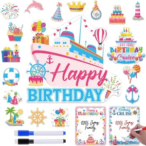 Birthday Cruise Door Magnetic Decorations - 20PCS Happy Birthday Cruise Ship Door Decorations with 3Pcs Pens, Sea Navigation Cruise Door Magnets for Carnival Cabin Refrigerator Decor