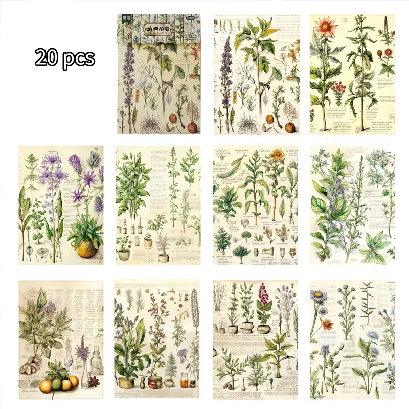 20 Sheets Vintage Large Size Plant Guide Theme Diy Craft Paper, Retro Style Botanical Illustrations, Creative Embellishments, Perfect for Scrapbooking & Craft Projects
