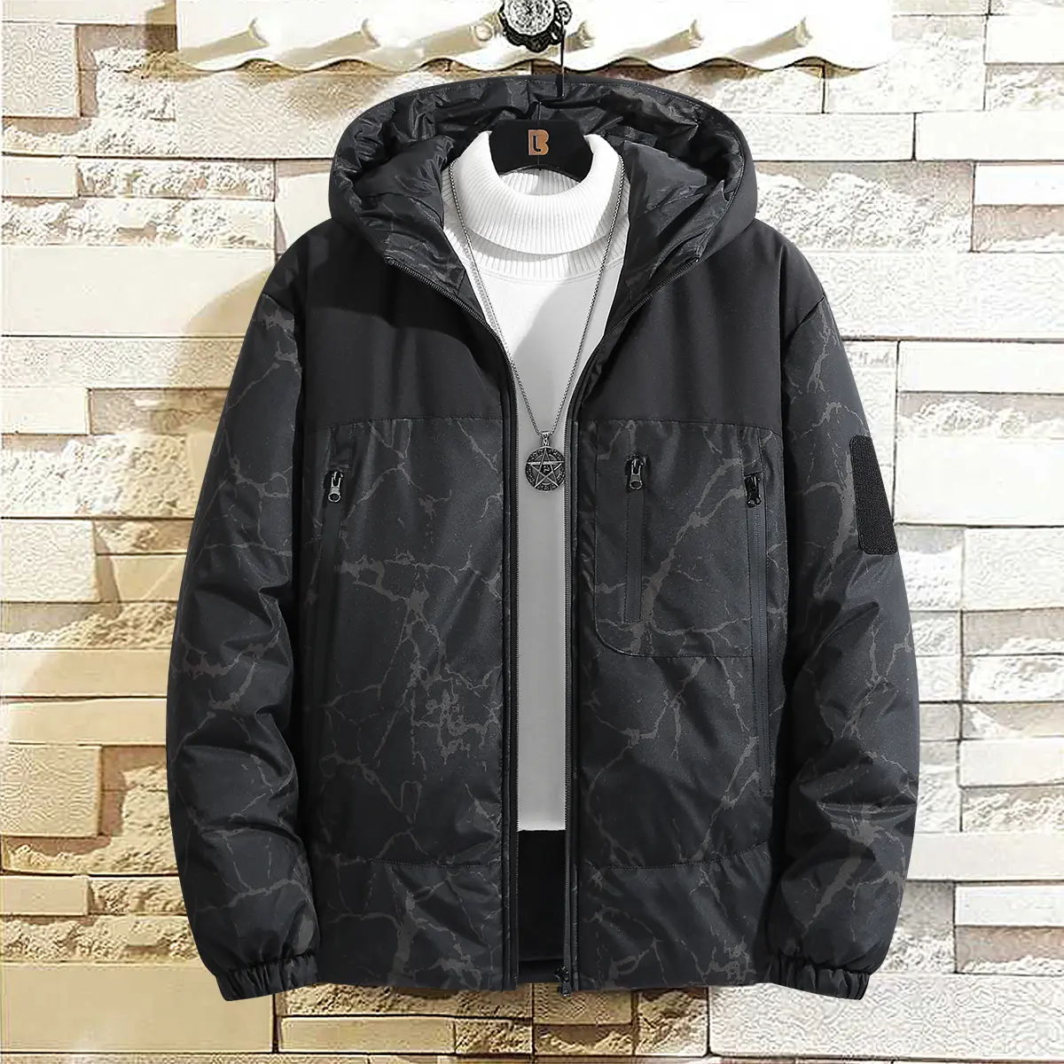 TJL Men's Hooded Jacket with Marble Textured Back - Streetwear Zip-Up Coat for Winter, Windproof Casual Outerwear Menswear Fashion Men's Windproof Insulated Hooded Jacket mens  zip  up Camo Stylish tile Wide Leg Str