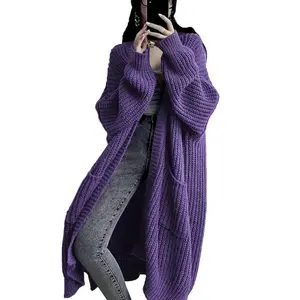 Women's 2025 Fall Winter Solid Color Long Open Front Chunky Knit Cardigan Oversized Duster with Pocket Knit Design Overcoat