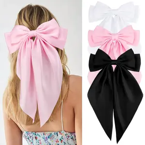 Hair Bows for Women Girls 3Pcs White Pink Black Silky Satin Large Bows Hair Clip Oversized Hair Ribbons Long Tail Big Hair Bows Accessories