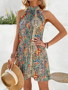 Womens Bohemian Halter Neck Sleeveless Dress Loose Paisley Print Short Dress Casual Elegant Summer Beach Vacation Holiday Party Trendy Outfit