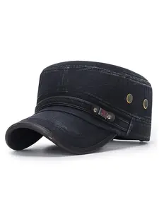 Unisex Slub Cotton Flat Cap | Distressed Leather Trim Retro Military Baseball Sun Visor Gift Idea