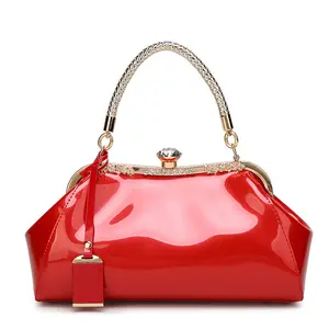 Patent Leather Evening Bag for Women, Rhinestone Lock Purse, Glossy Crystal Accents, Braided Rhinestone Handle, Formal Party Bag, Wedding Purse, Prom Handbag