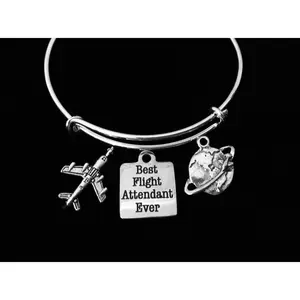 Best Flight Attendant Ever Adjustable Charm Bracelet Expandable Wire Bangle Airplane Stewardess Gift Trendy Travel