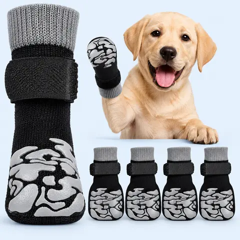 Kuoser Non-Slip Senior Dog Socks (4 Pcs) - Ultra-Soft Comfy Wear Fabric Paw Protectors with Adjustable Straps for Strap-Secure Fit, Twist-Safe Traction, Flip-Side Grip, Hot Pavement & Hardwood Floors (Small-Medium Dogs)