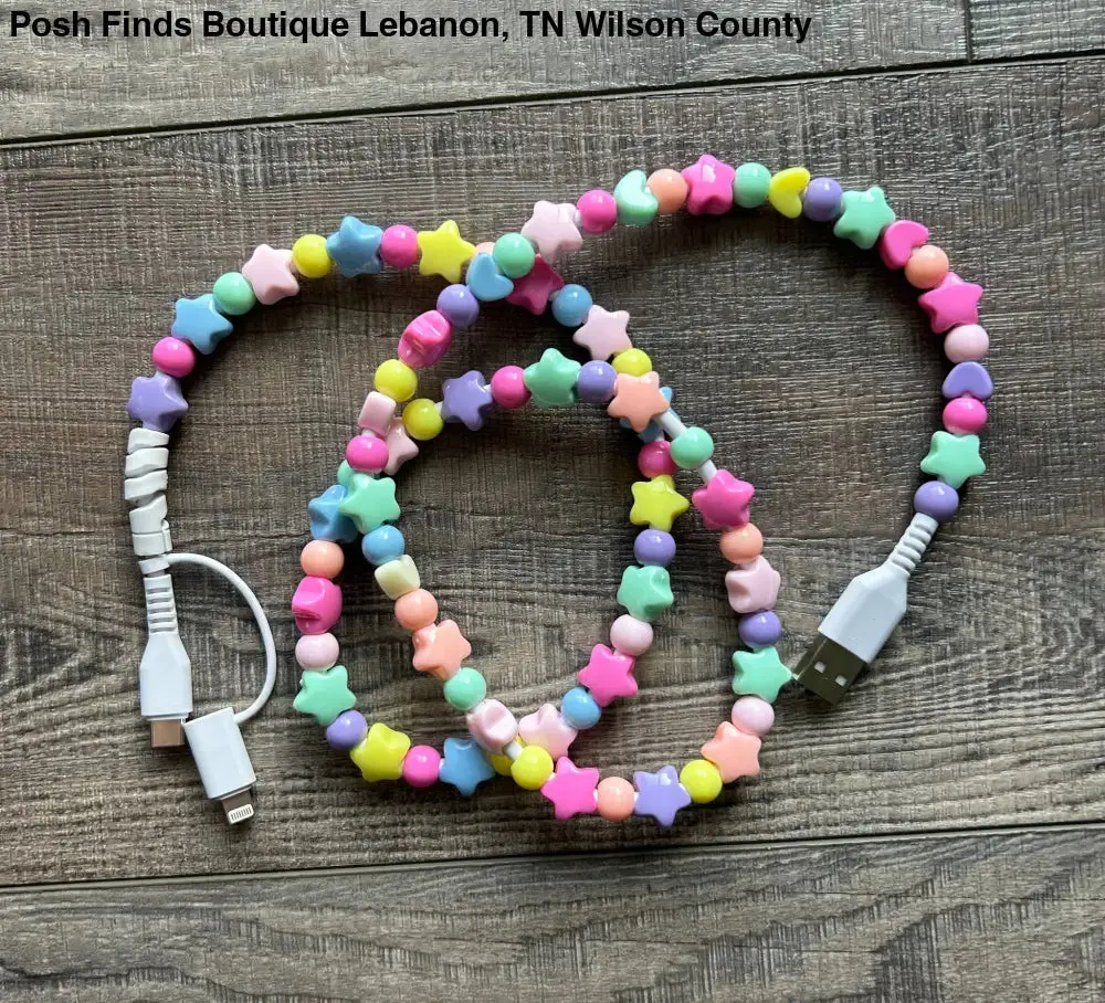 Durable Stars Beaded Cable Mobile Charger with Dual Connectors - Lightning, USB Type-C for Smartphones, Android Devices, Fast Charging Compatible, Universal Compatible Cables, Rainbow