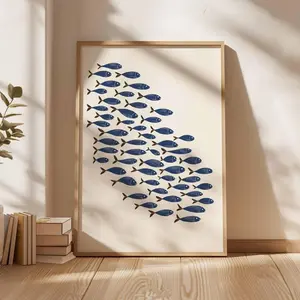 [SALE UP TO 50% + FREE SHIP] Minimalist Fish Poster – Nautical Ocean Wall Art, Coastal Beach House Print, Modern Blue School of Fish Illustration, Sea Life Home Decor