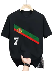 Portugal Flag Element T-Shirt, Casual Graphic Print Short Sleeve Tee, Loose Fit Football Fan Top, Comfortable All Season Wear, Menswear