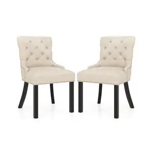 COSTWAY - Upholstered Dining Chairs Set of 2 Tufted Wingback Chairs with Rubber Wood Legs-Beige