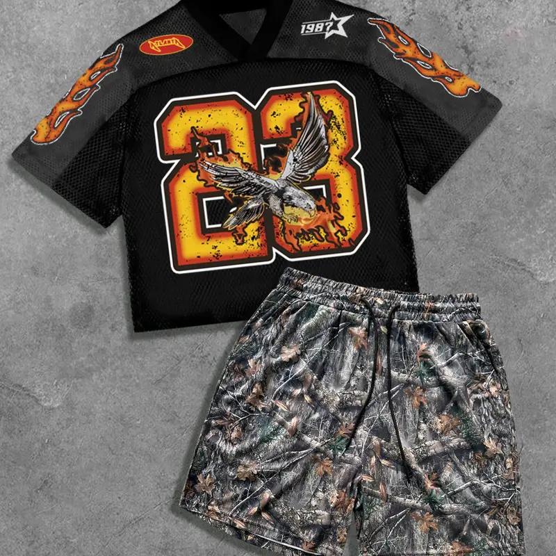 Men's Short Sleeve Graphic Tee & Camo Print Shorts Two-piece Set, Regular Fit Casual T-shirt & Shorts, Men's Summer Clothes Set for Outdoor, Shortsleeve Menswear, Suits, Casual Lounge Set, Casual Style Set