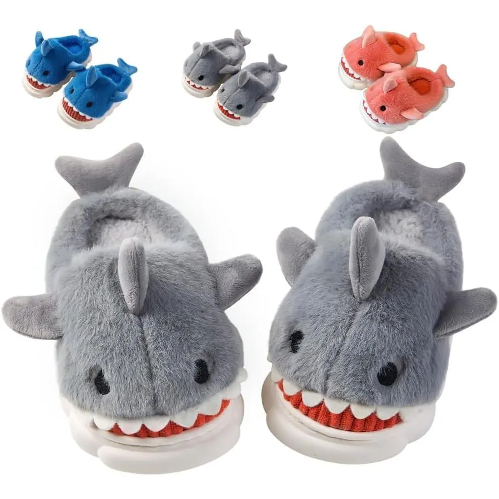 F-SOK24  Boys Girls Shark Slippers for Toddler Kids - Cute Plush Warm Non-Slip Indoor Bedroom Winter Shoes