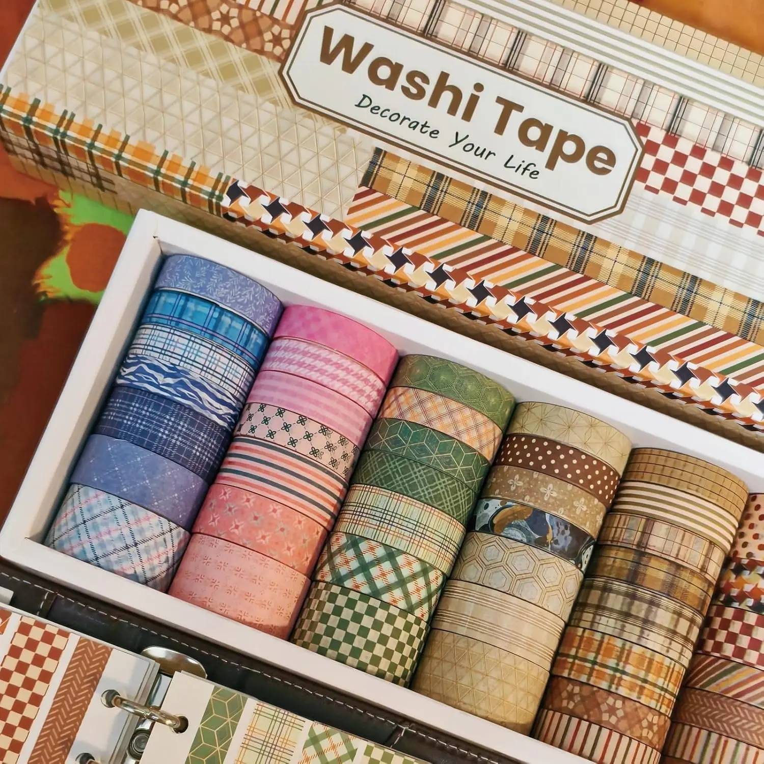 42-Roll Aesthetic Plaid Themed Washi Stickers Tape Set - Colorful Decorative Decal Tape, Junk Journal Supplies for Scrapbooking, Planner DIY Projects with Collage Pack