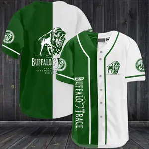 Buffalo Trace Inspired Bourbon Baseball Jersey – Green White Button Down Sports Shirt, Kentucky Whiskey Style Graphic Print, Unisex Streetwear Baseball Uniform, Casual Outfit for Whiskey Lovers, Trendy Gift for Men Women