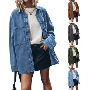 Womens Oversized Jean Jacket Casual Button Up Denim Overshirt Trendy Long Sleeve Denim Jacket Coat