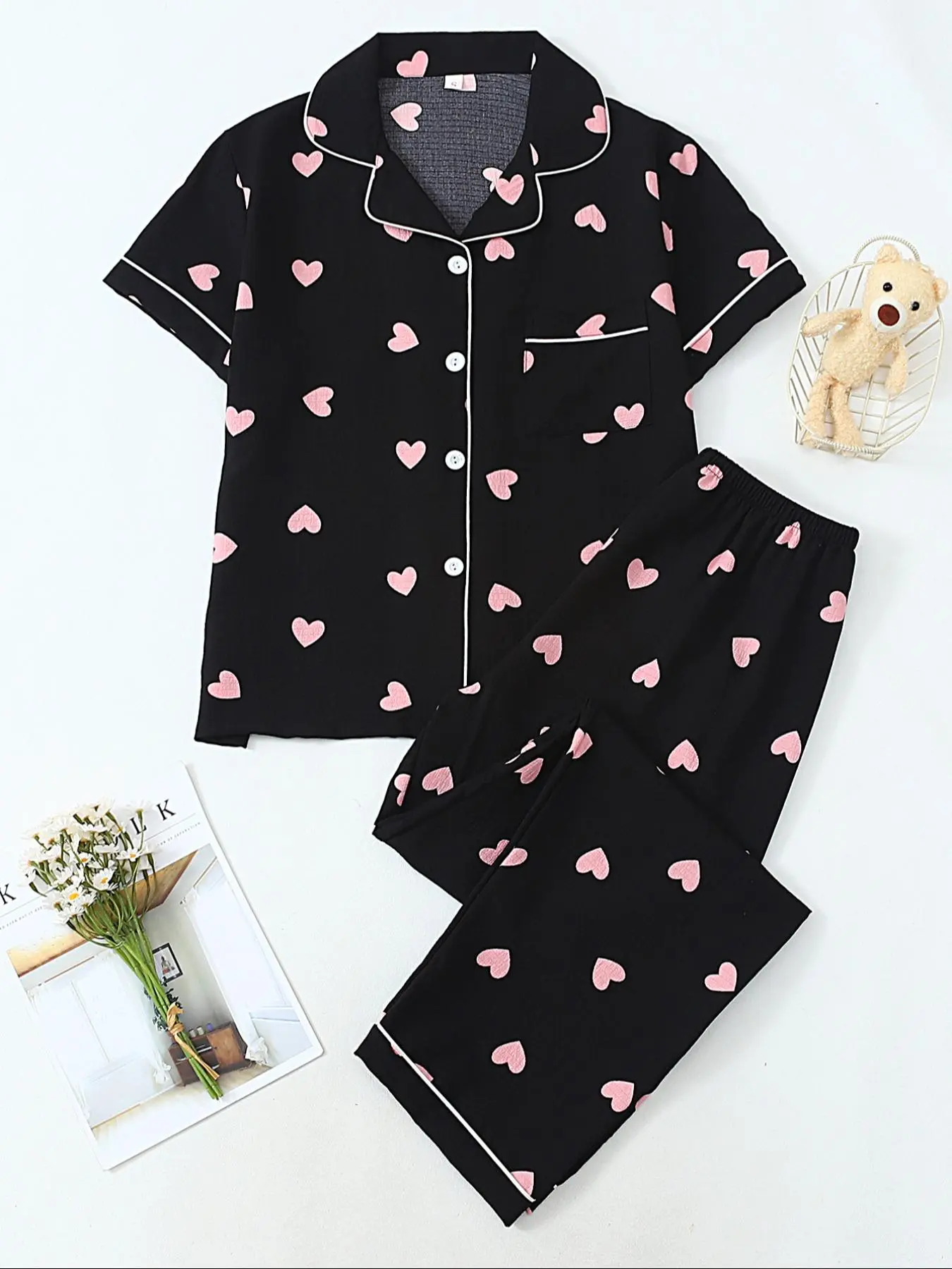 No Stretch， Women's Plaid Two-Piece Sleepwear Set, Pajama Set, Pj Sets, Short Sleeve Button-Up Shirt & Bow Tie Pants, Casual Home Wear, Loungewear for Spring Summer Fall Winter, Womenswear