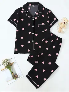 Women's Heart Print Short Sleeve Pajama, Casual Comfy Pajama Set for Women, Comfy Loungewear Set for Women, Women's Sleepwear for All Seasons, Homewear