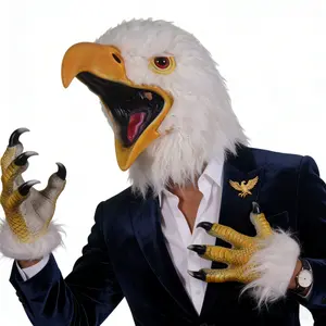 Open-mouth screech Bald Eagle full latex mask or a pair of eagle claw gloves, pure white fluffy feather crown, realistic red eyes, yellow-brown gradient eagle claw scale texture, suitable for Halloween animal cosplay, American party, short video shooting