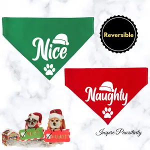 Reversible Naughty or Nice Bandana, Over the Collar, Dog Bandana, Cat Bandana, Holiday Bandana, Christmas Bandana, Slip on, Green and Red
