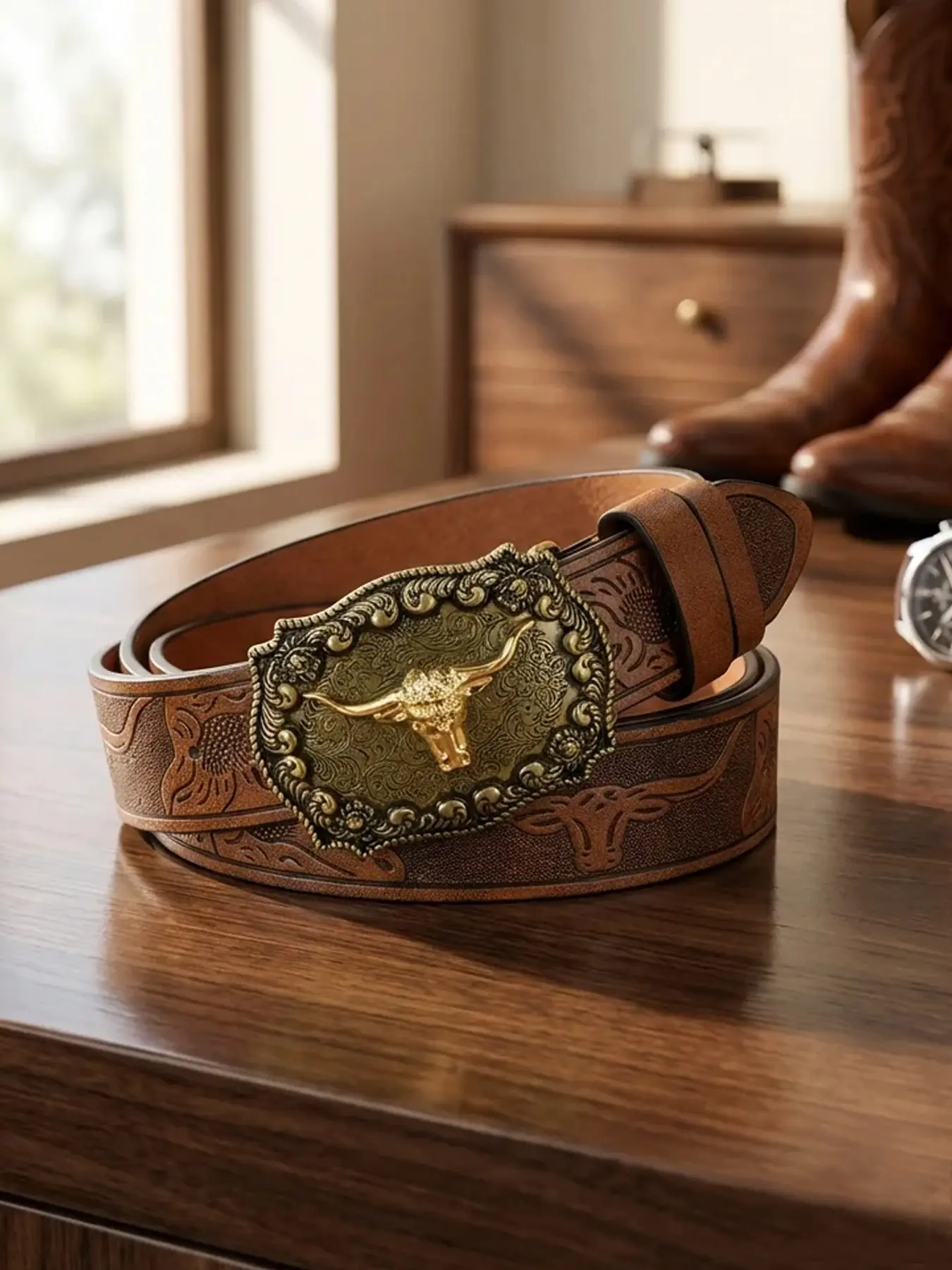 Men's Vintage Western Cowboy PU Belt, Western Belts, Adjustable Bull Head Buckle, Embossed Bull Head, Unique Style Belt for All Seasons