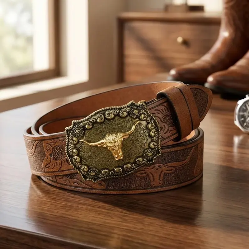 Men's Vintage Western Cowboy PU Belt, Western Belts, Adjustable Bull Head Buckle, Embossed Bull Head, Unique Style Belt for All Seasons