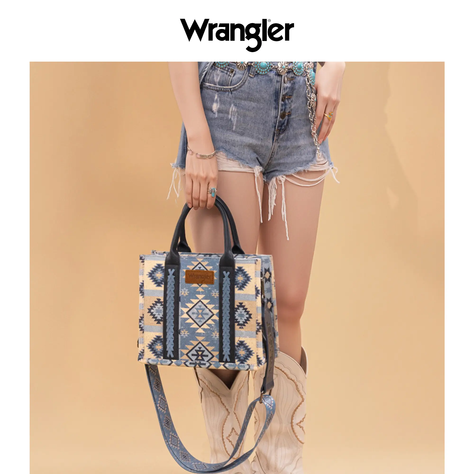 Wrangler 2025 Southwestern Dual Sided Wave Print Crossbody Retro Tote Bag for Work & Commute
