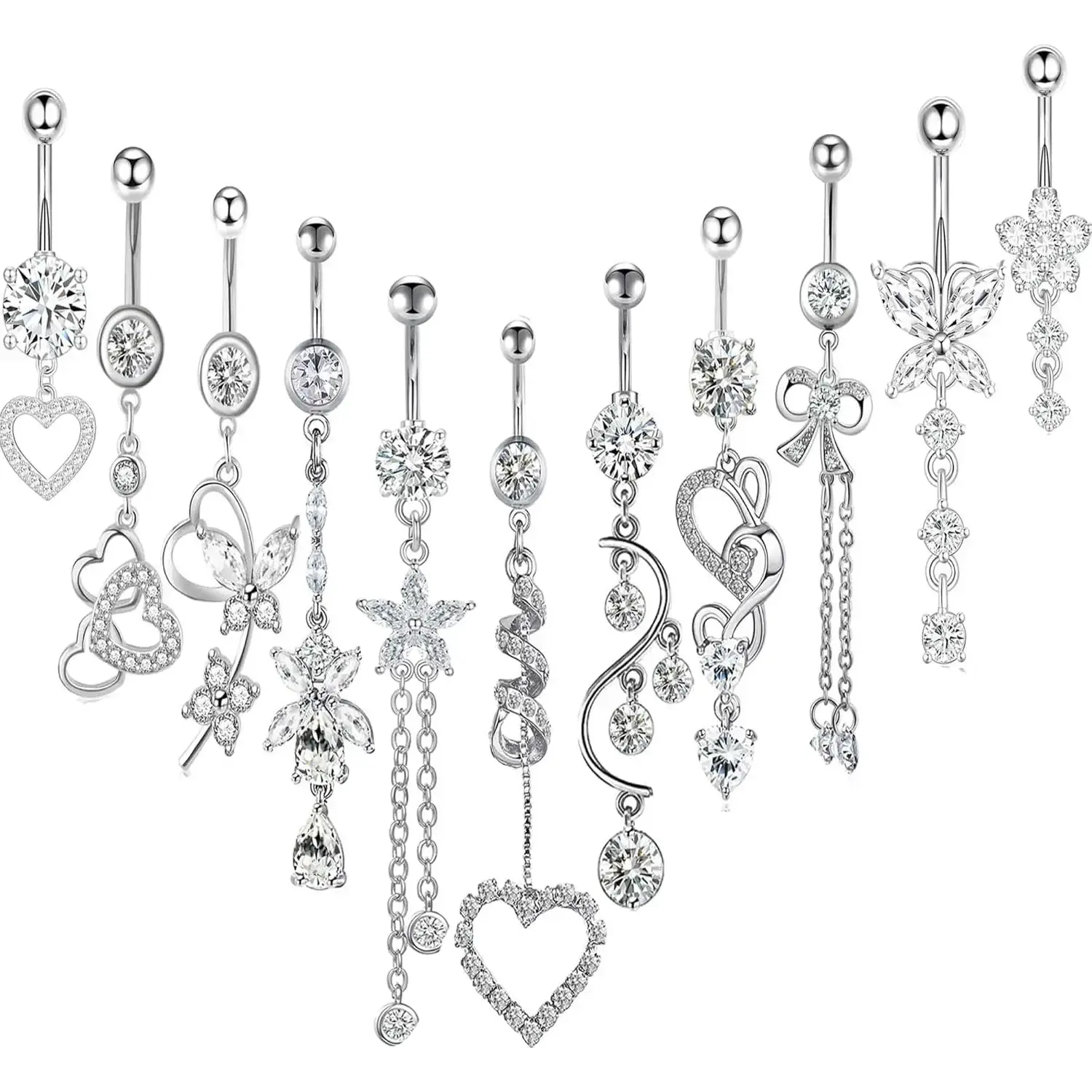 14G Women Belly Button Rings Surgical Stainless Steel Dangle Belly Rings 10mm Belly Bar Body Piercing Navel Jewelry Butterfly Heart Flower Dangling Silver Gold Belly Piercings 11pcs