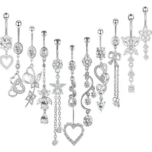 14G Women Belly Button Rings Surgical Stainless Steel Dangle Belly Rings 10mm Belly Bar Body Piercing Navel Jewelry Butterfly Heart Flower Dangling Silver Gold Belly Piercings 11pcs
