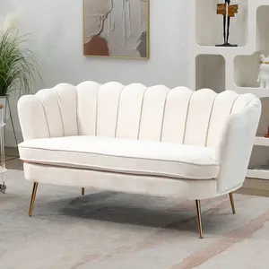 59" Wide Loveseat Sofa, Boucle/Chenille Upholstered Small   Petal-Shaped Design, Modern Leisure Sofa  Gold Metal Legs, Mini Room  For Bedroom, Apartment with couch