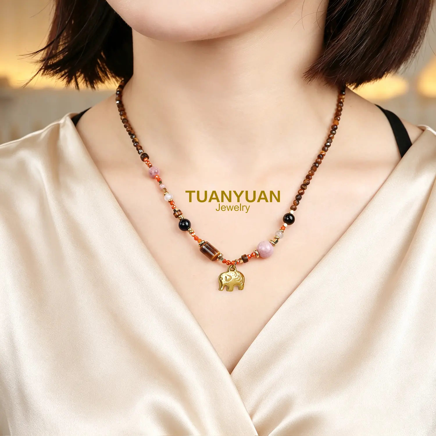 Natural Stones Elephant Pendant Necklace 18K Gold Plated Stainless Steel Adjustable Natural Stone Boho Jewelry For Women  Description