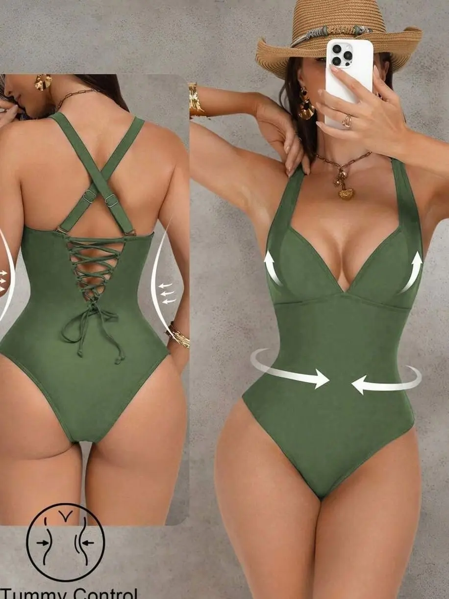Shapewave Push-Up Tummy Control One-Piece Swimsuit | Lace-Up Corset Back Crossback Monokini in Multiple Colors | Summer Beach Bathing Suit
