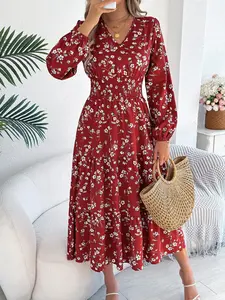 Women's Ditsy Floral Print Bishop Sleeve Dress, Boho V Neck Long Sleeve A Line Dress for Spring & Fall, Women's Clothing for Daily Wear, Womenswear