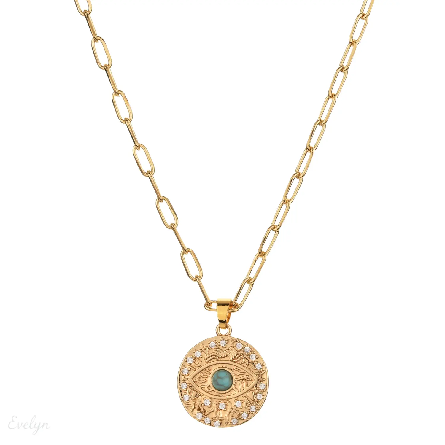 Gold Plated Evil Eye Necklace for Women, Vintage Boho Paperclip Chain with a Floral Engraved Crystal Disc & Turquoise Charm, Flowers, Gold Aesthetic, Evil Eye Element Necklaces, Ornamental Necklaces
