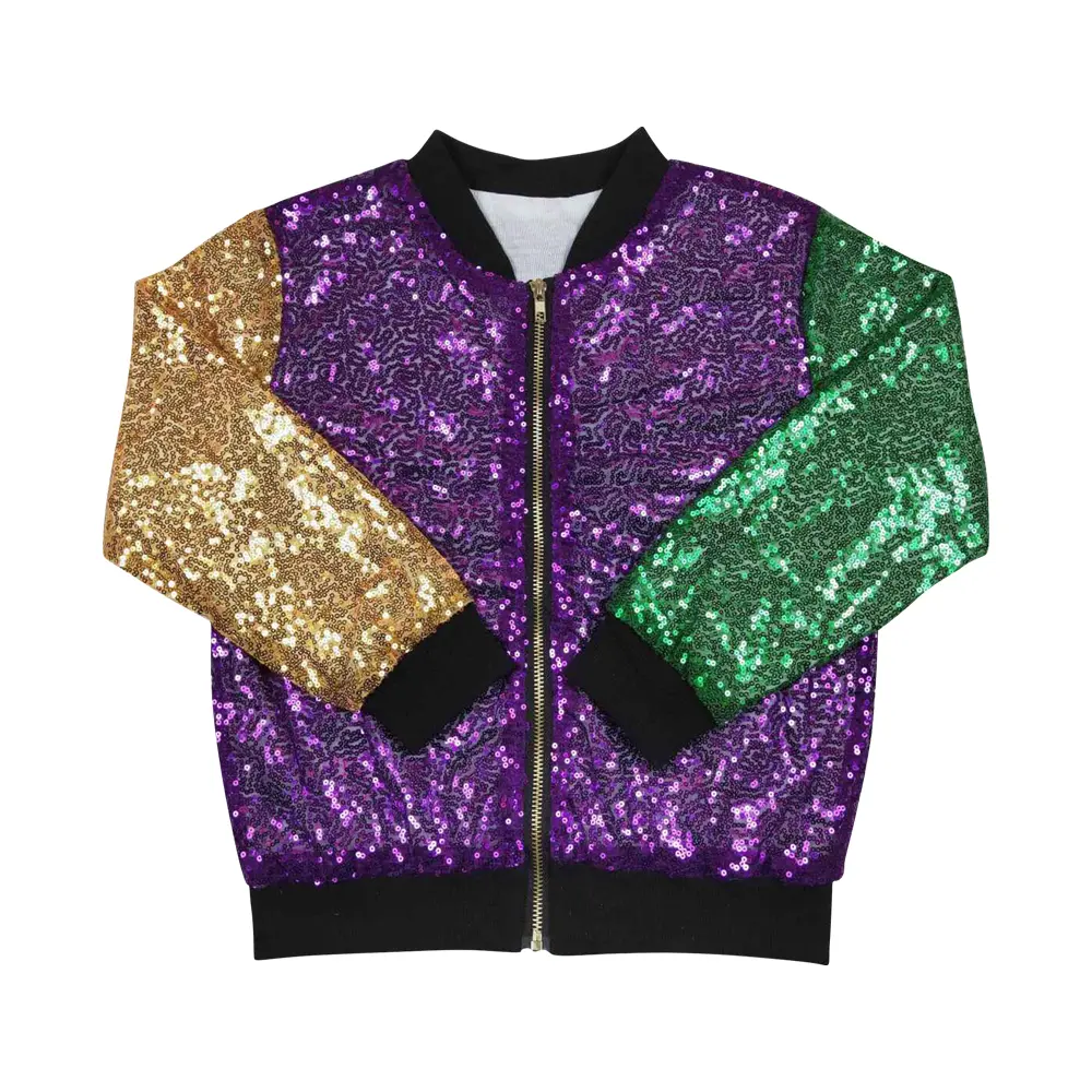 Girls' Colorblock Sequin Long Sleeve Bomber Jacket - Festive Party Wear Outerwear for Mardi Gras Outfits